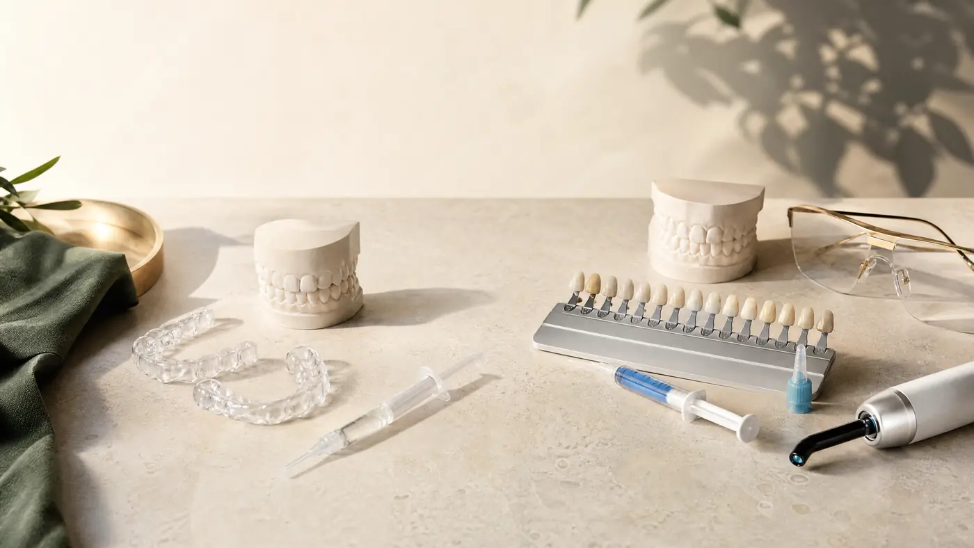 Custom whitening trays, dental model and shade guide in a Berlin whitening cost comparison