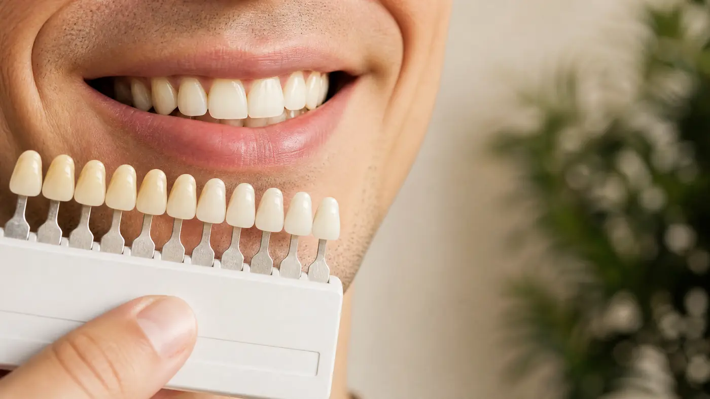 Shade analysis for professional teeth whitening in Berlin Tooth shade guide beside natural teeth for professional whitening planning in Berlin