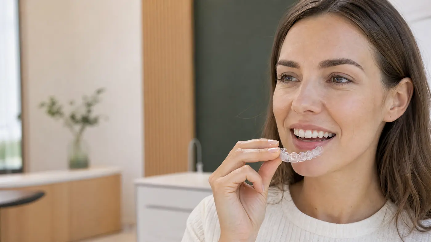 Invisible braces Berlin – clear aligners Clear dental aligner in front of a natural smile