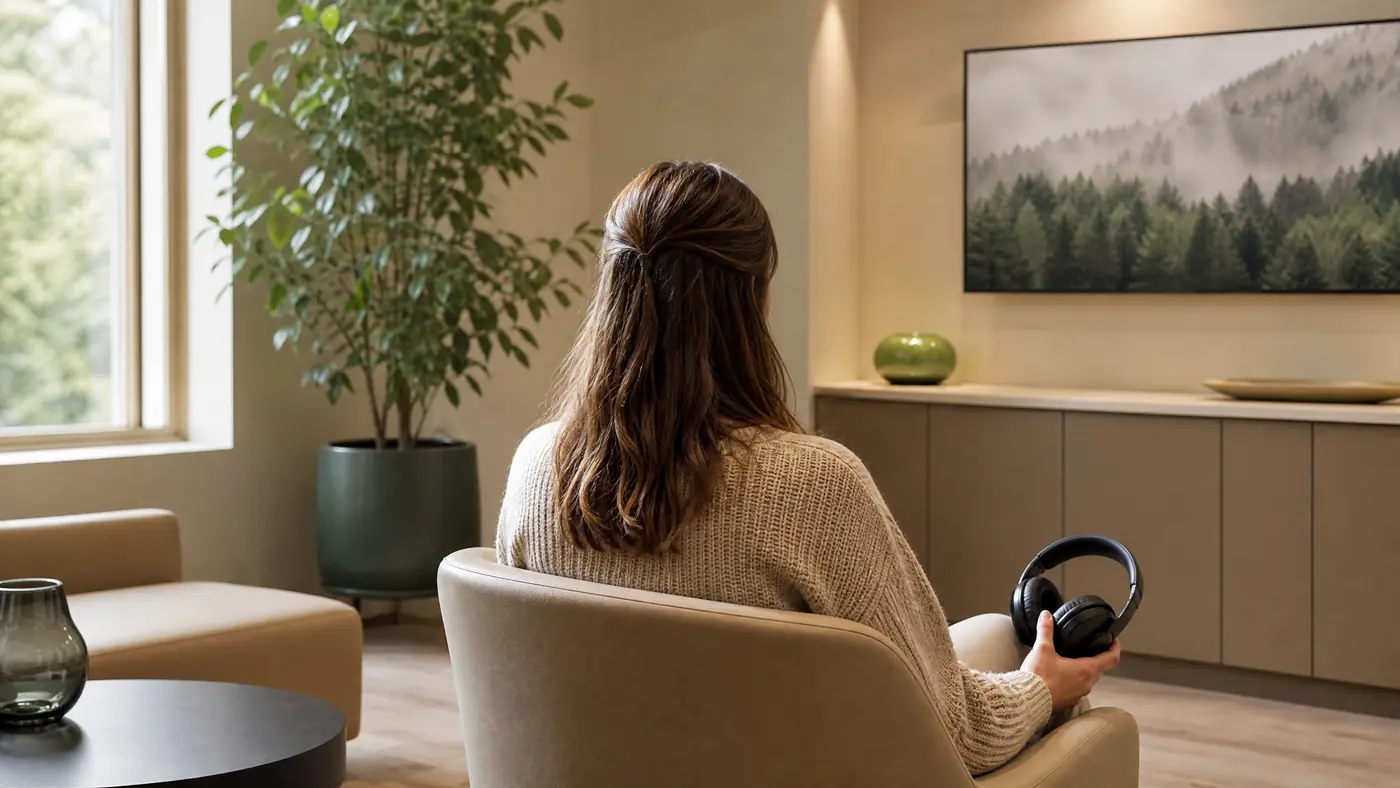 Patient perspective on dental anxiety – Praxis Spring Reinickendorf An anxious patient seen from behind with headphones in a calm consultation room