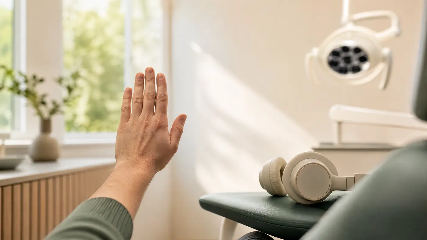 Dental Anxiety from Loss of Control and Sounds: What May Help During Treatment A patient's hand gives an agreed pause signal beside headphones on the dental chair